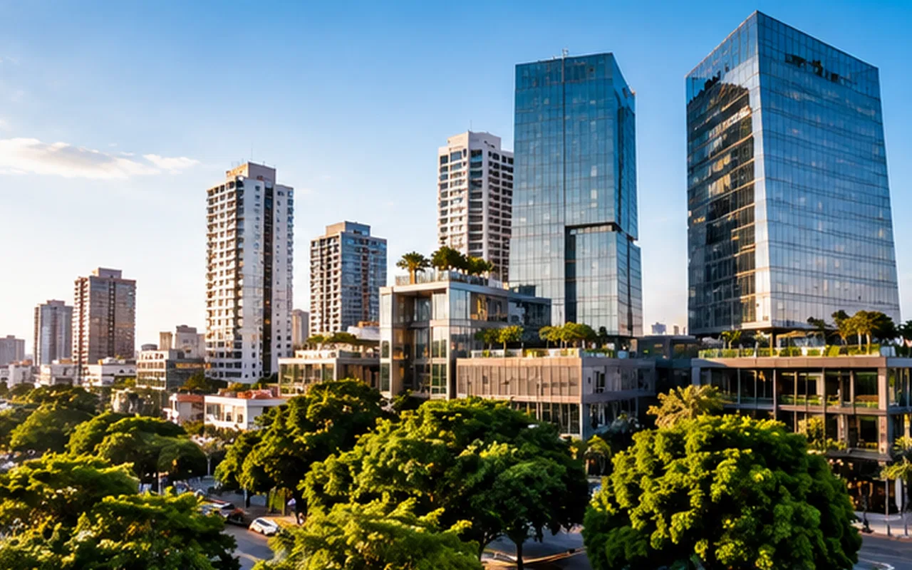 Ilustração editorial de centro urbano com edifícios empresariais, contextualizando o guia como abrir empresa no paraguai sendo brasileiro.