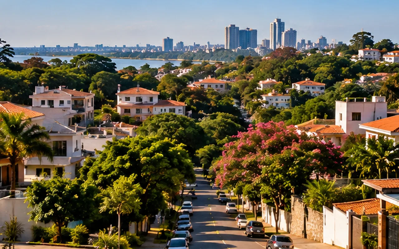 Ilustração editorial de bairro residencial arborizado, contextualizando o guia pré-avaliação de documentação paraguaia.
