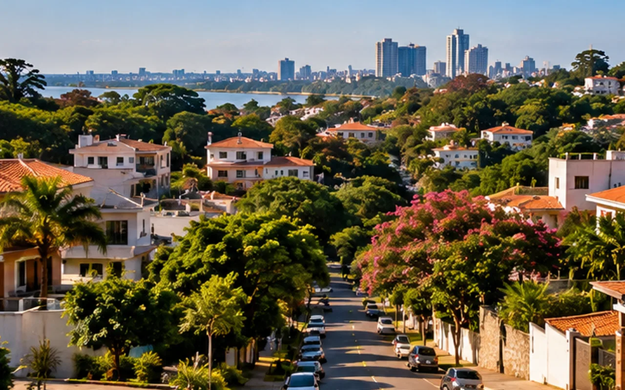 Ilustração editorial de bairro residencial arborizado, contextualizando o guia cidadania paraguaia por investimento: mitos e regras.