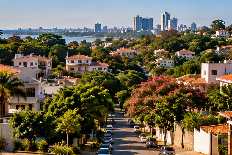 Ilustração temática de bairro residencial arborizado; referência visual para o guia de Hernandarias.