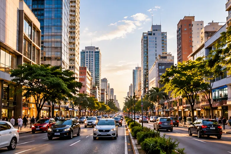 Ilustração temática de avenida comercial arborizada; referência visual para o guia de Luque.