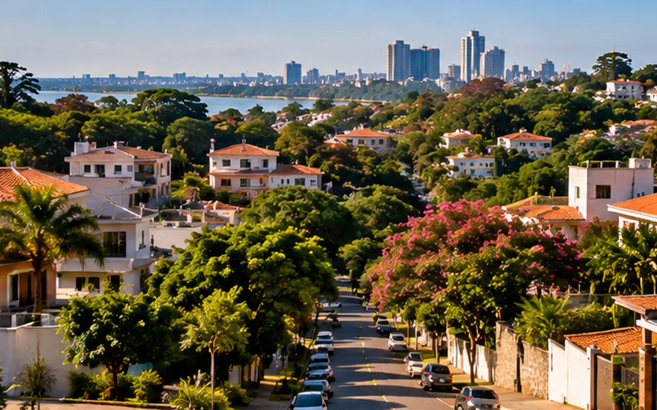 Ilustração editorial de bairro residencial arborizado, contextualizando o guia documentos para morar no paraguai: guia inicial.