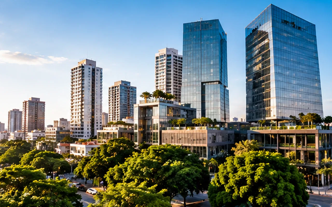Ilustração editorial de centro urbano com edifícios empresariais, contextualizando o guia investir no paraguai.