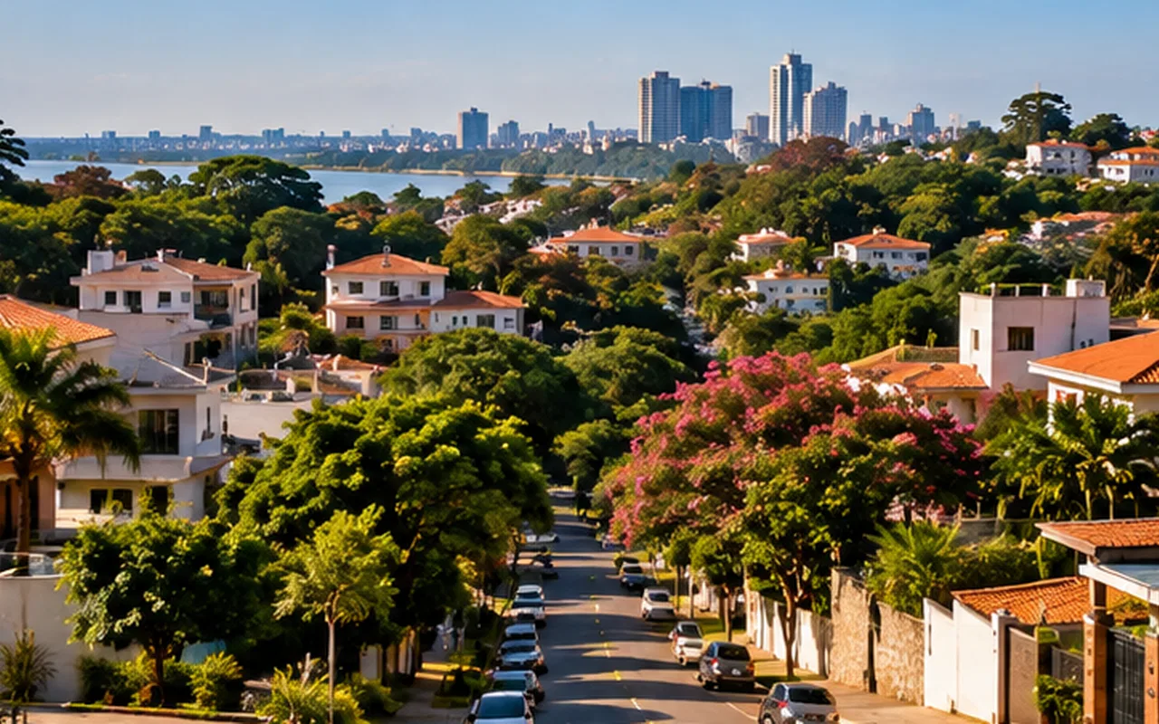 Ilustração editorial de bairro residencial arborizado, contextualizando o guia morar no paraguai sendo aposentado.