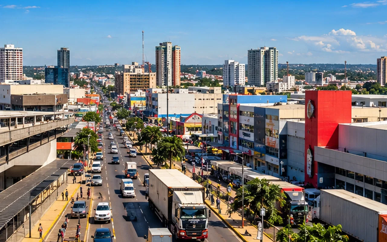Ilustração editorial de avenida com comércio e edifícios, contextualizando o guia salário mínimo no paraguai.