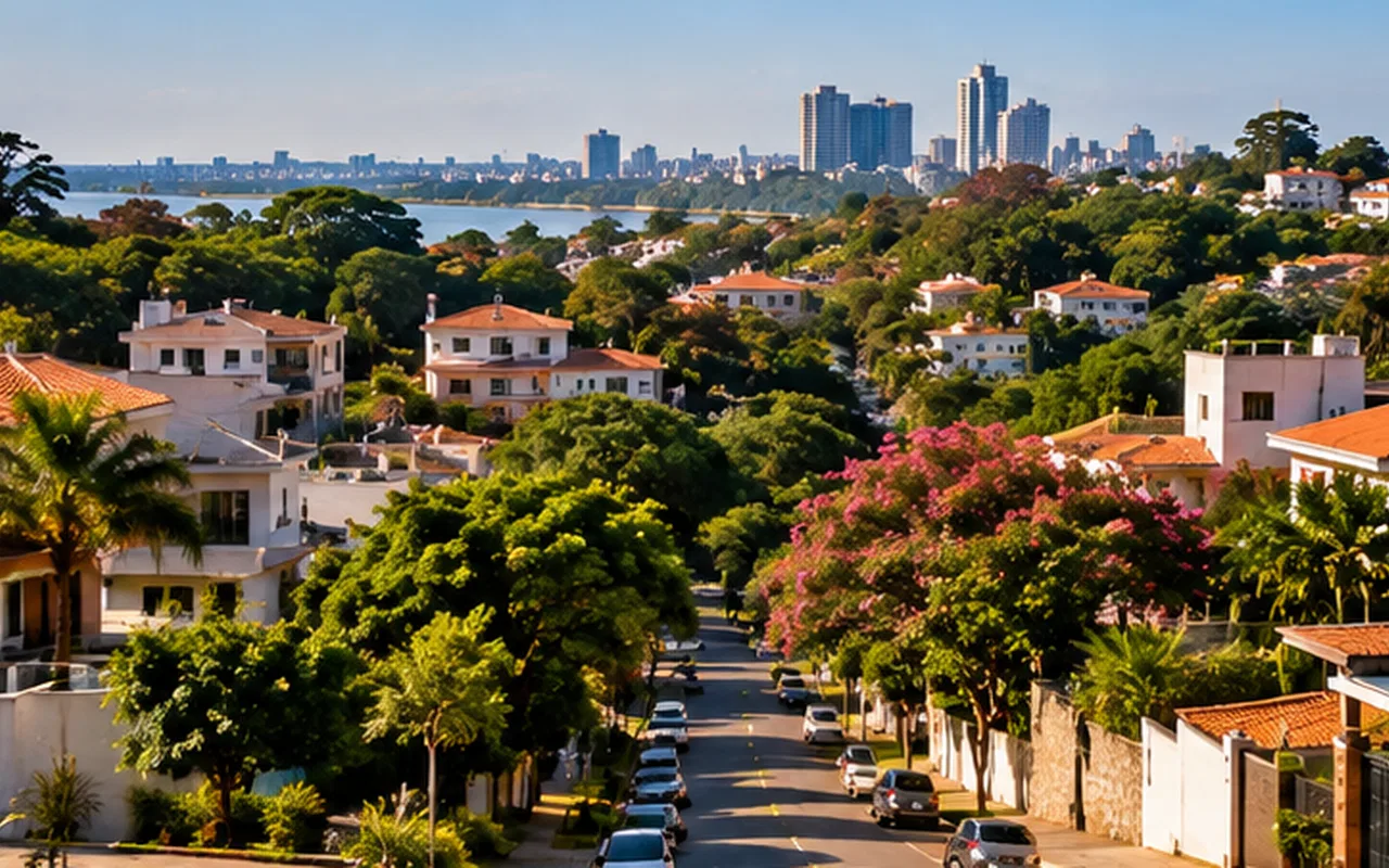 Ilustração editorial de bairro residencial arborizado, contextualizando o guia quanto custa a residência paraguaia?.